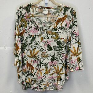 Floral Cheetah 3/4 Sleeve Crew Neck Top T-shirt White 1X